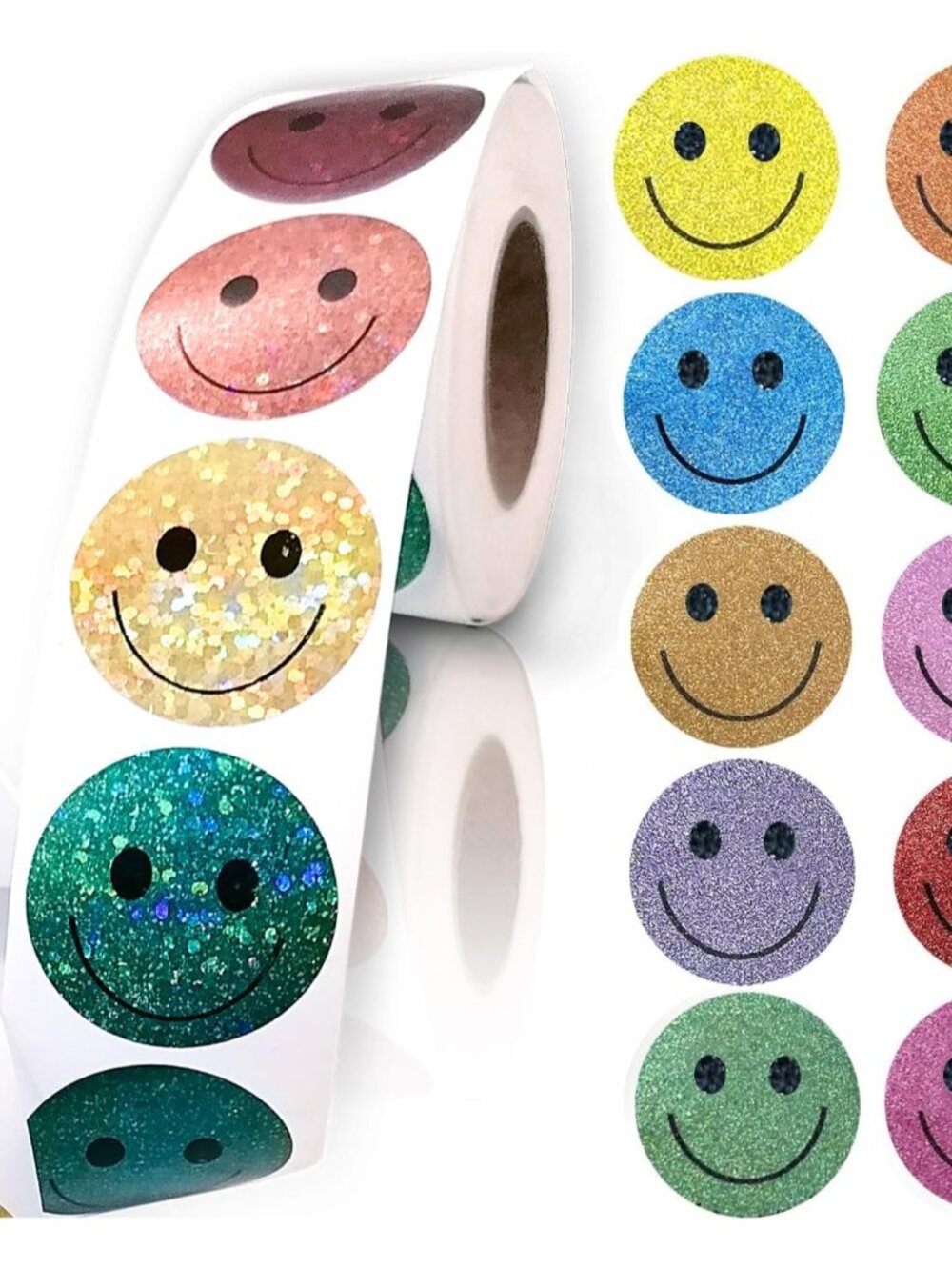 Glitter dot Smiley face Stickers,Foil Shiny Happy Face Stickers for Kids Reward,